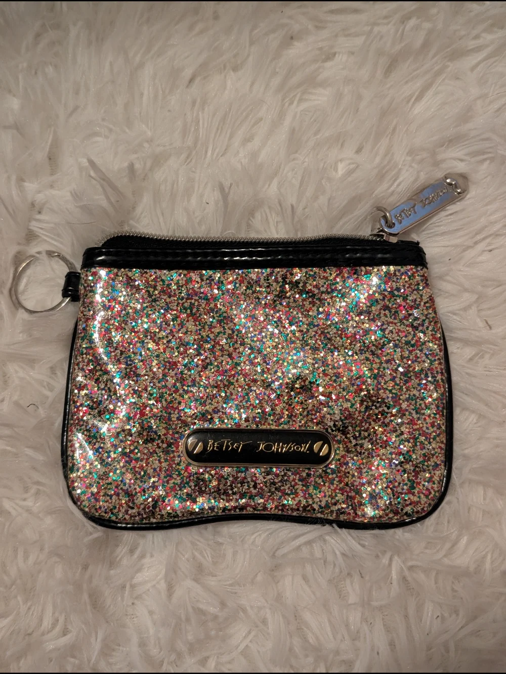 Betsey Johnson Multicolor Glitter Cosmetic Pouch with Black Trim